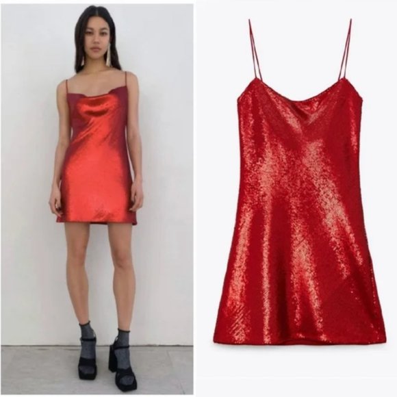 ZARA Red Sequin Cowl Back Spaghetti Strap Mini Dress Size M NEW WITH TAG! - Picture 2 of 9